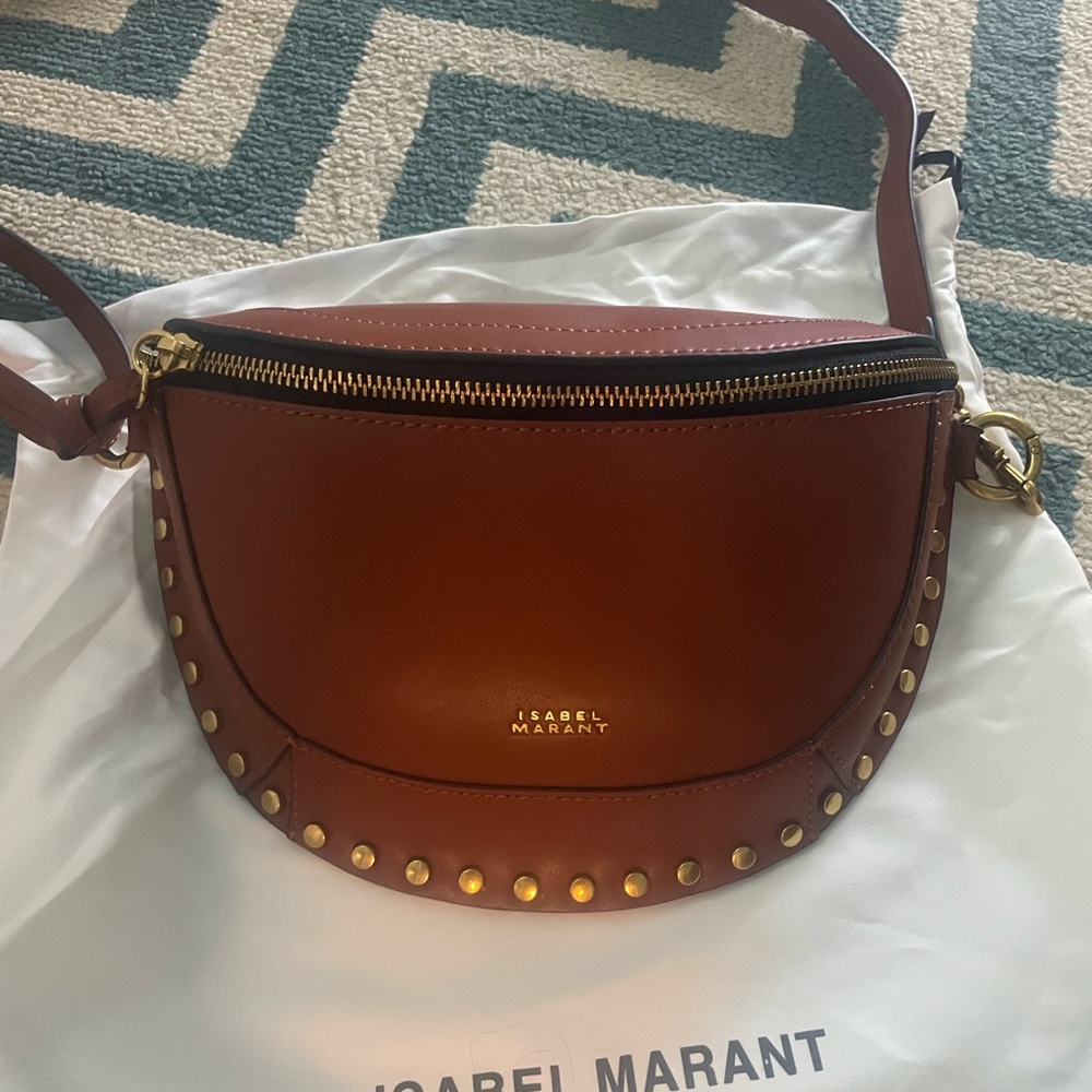 Isabel Marant Cognac Leather Crossbody with Gold Studs Skano Sling/Belt Bag